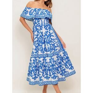 Flying Tomato Blue & White Floral Print Off the Shoulder Midi Dress Large
